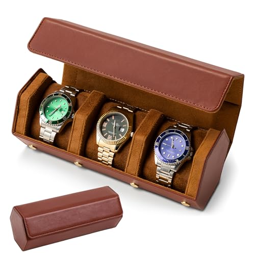 Leather Watch Roll for 2 Watches - Velvet-Lined Travel Case, Luxury Watch Rolls Organizer with Storage & Display for Men (3 Slot-Brown) - color: 3 Slot-Brown