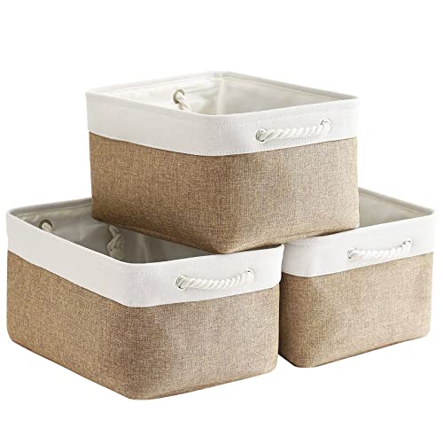Fabric Storage Baskets - Rectangular Baskets for Organizing Fabric, Shelves & Decorative Use (White & Khaki) - color: White&Khaki, size: Large (Pack of 3)