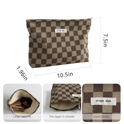 Wudygirl Travel Cosmetic Bag Checkered Makeup Bag Canvas Makeup Pouch for Women Toiletry Pouch Large Capacity Make up Organizer with Zipper Aesthetic (Brownish Checkered) - color: Brownish Checkered
