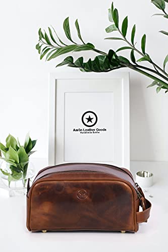 10" Premium Leather Toiletry Travel Pouch With Waterproof Lining | King-Size Handcrafted Vintage Dopp kit By Aaron Leather Goods (Espresso) - color: Espresso