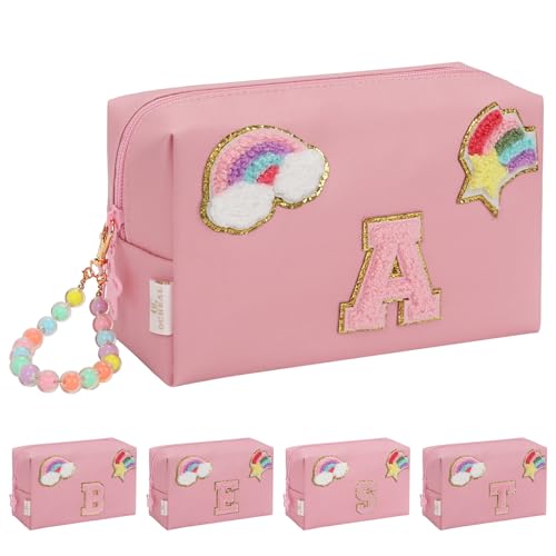 Initial Makeup Bag for Girls, Cute Makeup Bag Small Cosmetic Bag Travel Make Up Organizer Pouch, Birthday Gifts for Girls 4 5 6 7 8 9 10 11 12 13 14 15 Years Old, Teen Girls Gifts Trendy Stuff - color: Pink + Bracelet, style: A