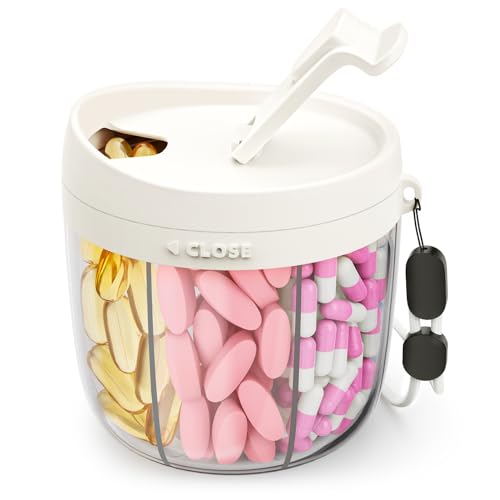 AMOOS Cute Pill Dispenser with 7 Large Compartments, Portable Pill Bottle Organizer with Wide Opening for Easy Use, Anti-Mix Pill Organizer for Travel, BPA-Free Pill Container, White - color: White
