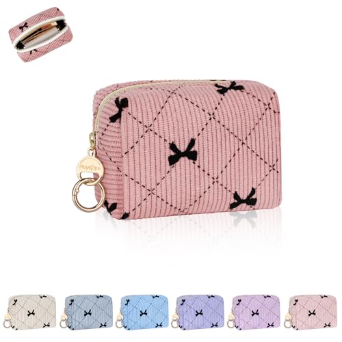 Mini Makeup Bag, Corduroy Small Cosmetic Bag for Purse with Ring Buckle, Bow Tie Travel Makeup Pouch for Lipsticks, Chapsticks, Coin, Earphone, Credit Card (Pink) - color: Bow-Pink