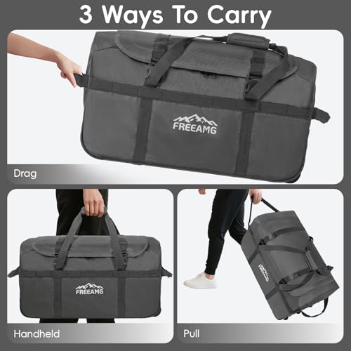 120L Foldable Rolling Duffel Bag with 3 Wheels And Handle, 30 inch Large Travel Duffle Bag for Travel, Camping, Outdoors - color: Grey