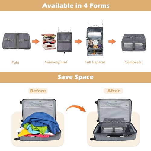 Surblue Hanging Shelves Travel Storage Bag Compression Packing Cube for Suitcase Collapsible with Extension Layer Large Capacity, Grey,XL - color: A-Grey, size: XL 13*10.2*23.2in