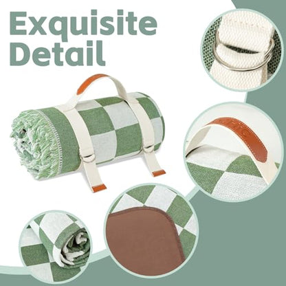 2 in 1 Extra Large Outdoor Rug Picnic Mat Woven Summer Throw Blanket Boho Giant Beach Travel Essential Yoga Accessories Park Patio Lawn Garden Grass Ground Play Music Festival Concert Must Have - color: Checkered Green