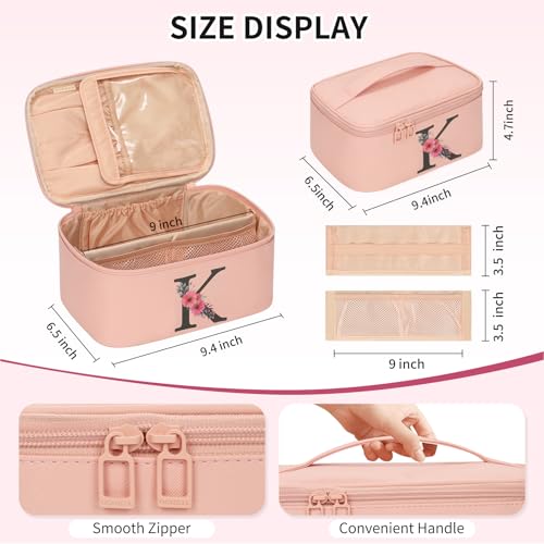 OCHEAL Initial Makeup Bag,Monogram Make up Bag Pink Travel Makeup Organizer Case Beauty Toiletry Cosmetic Bag with Brush Holder, Trendy Stuff Personalized Gifts for Women and Girls-K - color: Pink, style: K