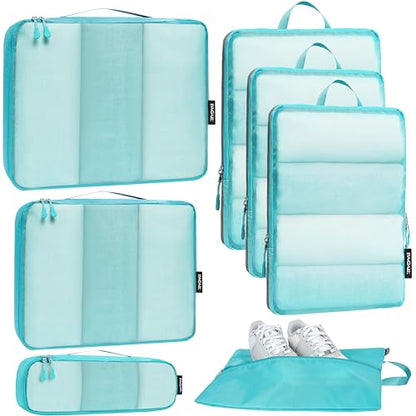 Bagail Ultralight Compression Cubes 7 Set - 3 Packing Cubes, 3 Organizers, and 1 Shoe Bag - color: Blue, style: Mesh Pattern