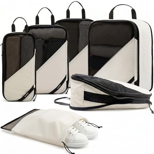 LUGGEX Compression Packing Cubes for Travel, 6 Set Lightweight Luggage Organizer Bags with Shoe Bag, Space Saving Suitcase Packing Cubes for Carry-On with Breathable Mesh, Double-Zipper (POX01, Beige) - size: 6 Set - 2 Large Cubes