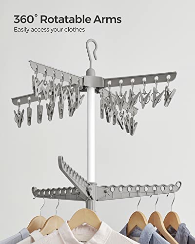 SONGMICS 2-Tier Clothes Drying Rack, 72-Inch Folding Laundry Drying Rack with 3 Rotatable Arms for Hangers, 24 Clips, Stainless Steel, for 27 Pieces of Clothes, Gray and White ULLR512G01 - color: Gray + White, style: 2-Tier-Clip
