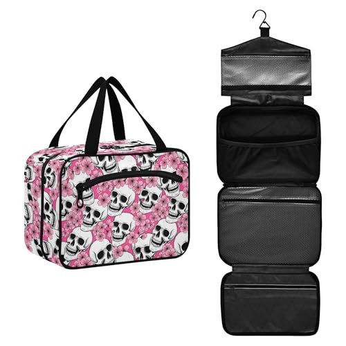 MNSRUU Hanging Toiletry Bags for Women Travel, Goth Halloween Skull Flowers and Pink Cherries Toiletry Organizer Portable Travel Toiletry Bags Clear Wash Bags Makeup Bag Cosmetic Bag - color: Skulls 084