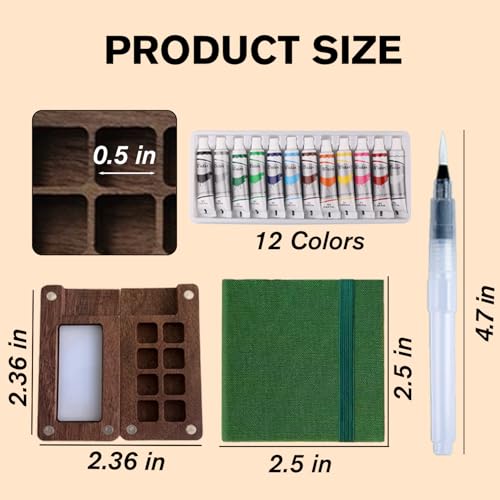 Aimery Mini Watercolor Paint Travel Set, Portable Pocket Size Water Color Painting Kit with Wooden Palette, Refillable Brush & Sketchbook(Pine Green) – Gift for Birthdays, Beginners, Art Lovers - style: Pine Green