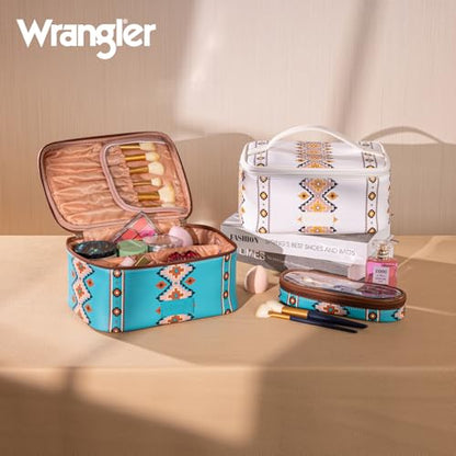 Montana West X Wrangler Travel Makeup Bag 2pcs Set Large Cosmetic Bag with Makeup Brush Holder Portable Make Up Organizer Cute Toiletry Bag with Divider and Handle for Women Aztec - color: Turquoise