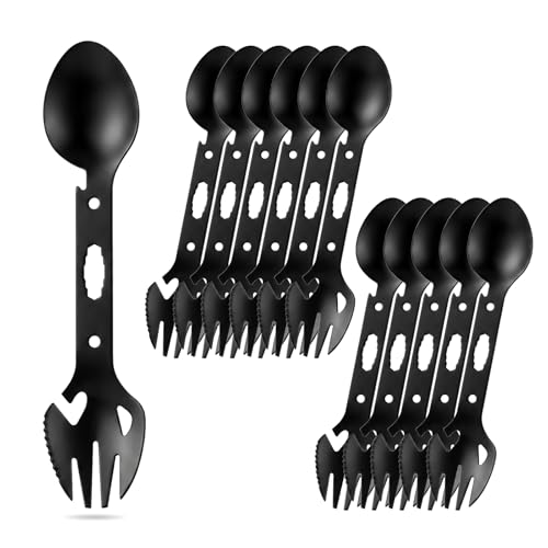 12pcs Multifunctional Camping Spork Fork, Portable Camping Flatware Set with Can Opener for Outdoor Hiking and Picnic
