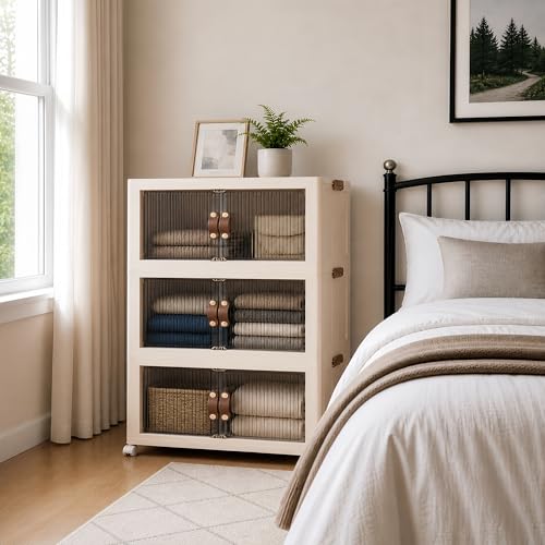 SAILUN 87Gal/348Qt Stackable Storage Bins Folding Collapsible Storage Bins with a Lid, Closet Organizers and Storage,Blush White 26" W x 17" D x 43.7" H - color: Blush White, size: 1 Lid 3 Pack-26" W x 17" D x 43.7" H