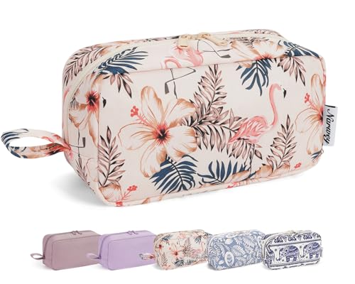 Narwey Cute Makeup Bag Small Toiletry Bag Travel Cosmetic Bag Organizer Make Up Bags with Organized Pockets for Women (Beige Flamingo, Large) - color: Beige Flamingo, size: Large
