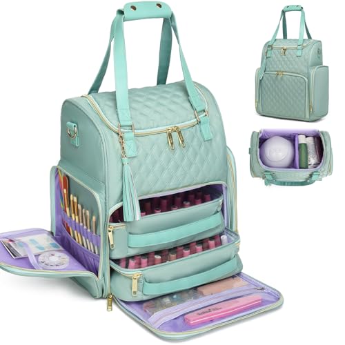 Nail Bag Organizer Case Backpack, Nail Bag Holds 80 Bottles (15ml-0.5 fl.oz) and Nail Lamp, Nail Polish Case with 2 nail polish Bag, Portable Travel Backpack for Nail Tech Supplies Manicure Tools - color: Green