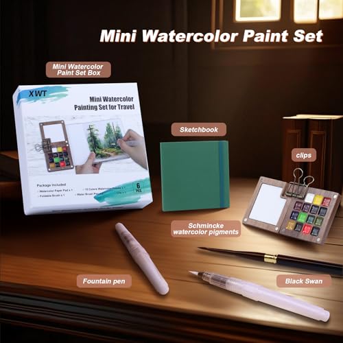 Mini Watercolor Paint Set, Portable Travel Art Kit with Wooden Palette, 15 Colors Pigments, Watercolor Pad, Water Brush Pens and Accessories for Artists - color: 15 Colors
