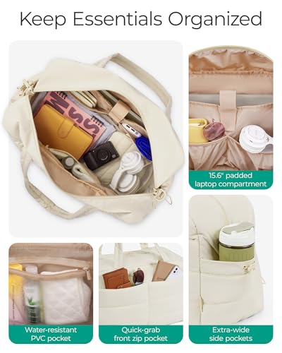 BAGSMART Gym Bag for Women, Lightweight Puffer Duffle Bag 2-PC Travel Bag, 31L Weekender Overnight Bag Quilted Carry On Tote Bag, Diaper Hospital Dance Bag for Travel, Gym, Water Resistant, Beige - color: Beige