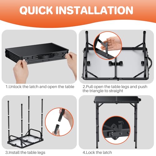 FUNYKICH 2ft Small Foldable Camping Table(22.8'' Lx15.7'' W), 3 Height Adjustable Portable Folding Table, Lightweight Aluminum Outdoor Table with Carry Handle for Camping, Beach, Picnic, Black - size: 22.8''x 15.7''x26.4''(Black)