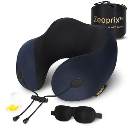 Travel Pillow, Memory Foam Neck Pillow for Airplane, Ergonomic Neck Support with Washable & Breathable Cover, Includes Eye Mask, Earplugs & Compact Bag for Long Flights, Cars, Home & Office