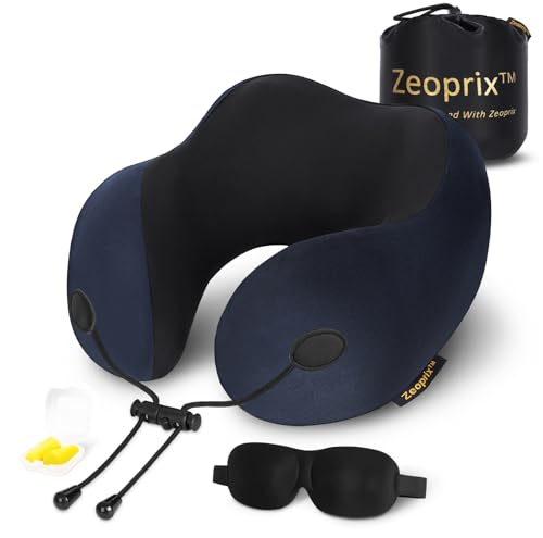 Travel Pillow, Memory Foam Neck Pillow for Airplane, Ergonomic Neck Support with Washable & Breathable Cover, Includes Eye Mask, Earplugs & Compact Bag for Long Flights, Cars, Home & Office