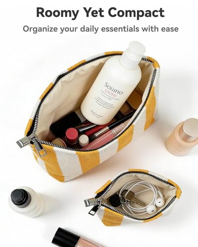 2 Pcs Makeup Bag Set, Women Gifts, Travel Cosmetic Bags, Canvas Make up Bag for Purse, Yellow Striped Makeup Pouch with Zipper Lining, Cosmetic Storage Car Organizer, Portable Large & Small Toiletry - style: Striped Yellow Canvas
