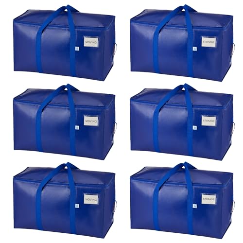 VENO 6 Pack Heavy Duty Moving Bags, 90L Extra Large Moving Boxes Alternative, 50lbs Load,Wraparound Handles,Zippers & Tag,Packing Supplies for College Dorm Essentials, Clothes Storage(Blue) - color: Blue, size: 6 Pack