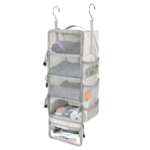 Surblue Travel Hanging Packing Cubes with 2 Hooks Hanging Shelves for Luggage Organizers Portable Compression 4 Shelf Closet Carry-on Suitcases Organizers, Small, Lightgrey - color: Lightgrey, size: S: 9.8*7.1*17.7 in