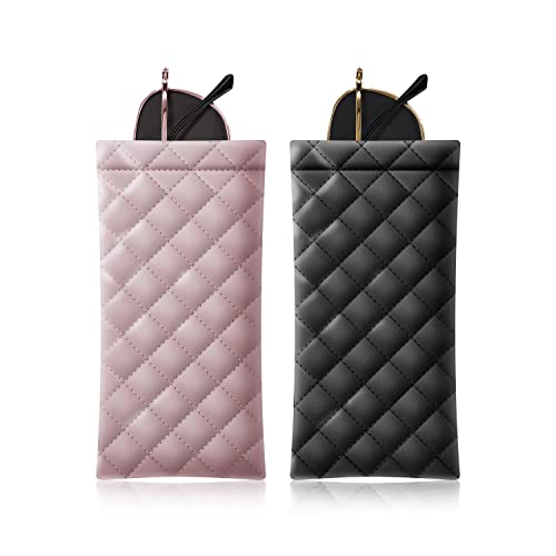 Squeeze Top Sunglass Pouch - Portable Sunglass Organizer Pouch Bags Soft PU Leather Glasses 2 Pack - color: Pink-black