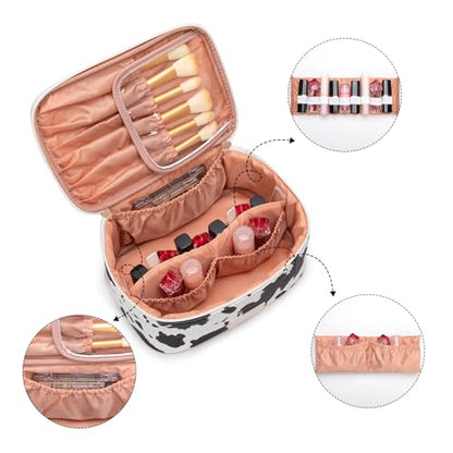 Montana West X Wrangler Travel Makeup Bag 2pcs Set Large Cosmetic Bag with Makeup Brush Holder Portable Make Up Organizer Cute Toiletry Bag with Divider and Handle for Women - color: Cow-Black