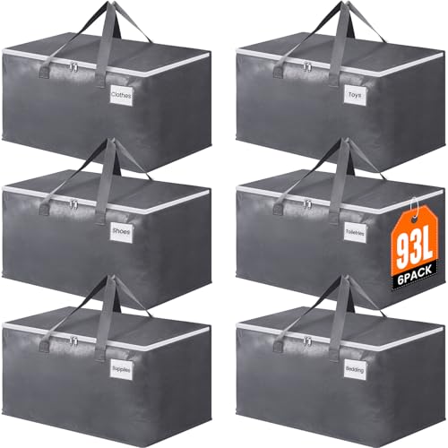 BlissTotes Large Moving Bags, Storage Bags with Zippers, Handles Moving Supplies with lids, Heavy Duty Totes for Storage Bags for Space Saving, Moving and Storing 93L, 6 Pack - size: 93L-6 Packs