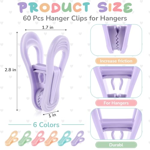 Hsei 60pcs Baby Hanger Clips Colorful Plastic Clothespins Hanger Clips for Baby Clothes Plastic Clothes Pins for Toddler Skirt Pants Home, Office, Travel, Food Package