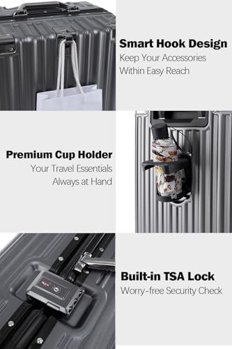 HotWay 20 Inch Aluminum Frame Carry On Luggage with Spinner Wheels, PC Hard Shell Suitcase with Cup Holder, Zipperless Luggage for Business Travel, Gray - color: Gray (PC+Aluminum), size: Carry on 20inch