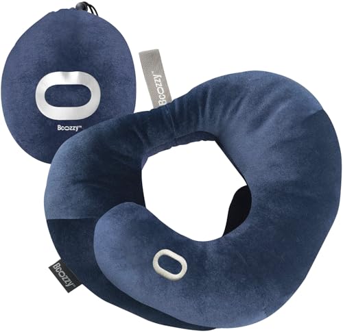 BCOZZY Flat Back Travel Neck Pillow – Patented Neck Pain Relief & Support for Head, Neck, and Chin. Ideal for Airplanes, Long Flights, Car Rides. Adjustable, Washable, with Carry Bag. Large, Navy - color: Flat Back Navy, size: Large