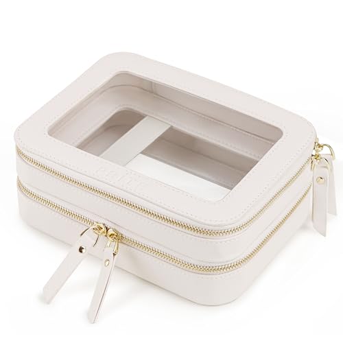 Prite Double Layer Makeup Bag for Women Portable Clear Makeup Bag Cute Waterproof Travel Cosmetic Bag with Gold Zipper for Car Essentials(Beige) - color: Beige, size: Standard - Double Layer