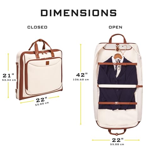 ZEGUR Premium Garment Bag Carry On for Women - Hangs Blazers, Pantsuits & More - Travel Bag with Shoulder Strap and Laptop Compartment (Beige with Saddle Brown Leather) - color: Beige