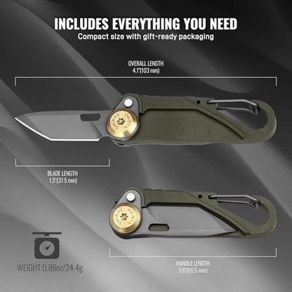 TACRAY Vinto 5-in-1 Small Pocket Knife – Ultra-Light Compact Multitool with Utility Knife, Seatbelt Cutter, Bottle Opener, Flathead Screwdriver & Keyring Attachment for Everyday Carry (Green) - color: Green