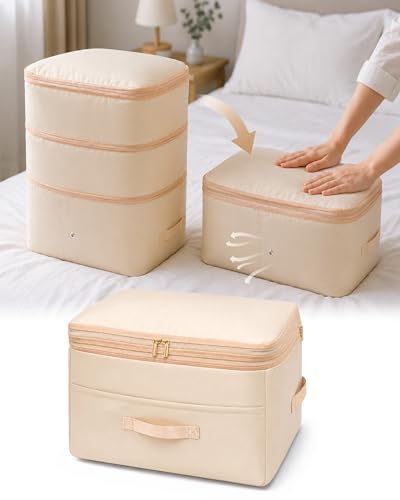 Ultra Space Saving Self Compression Organizers, Double Zipper Compression Packing Cubes for Bedding, Comforter Storage Bag for Blankets Duvet Quilts Pillows Queen King (Beige, X-Large) - color: Beige, size: 1 Pack (X-Large)