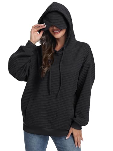 SeSe Code Hoodie With Eye Mask Waffle Hooded Sweatshirts Womens Travel Airplane Sleep Hoodies Mens Oversized Pullover - color: Black, size: X-Large