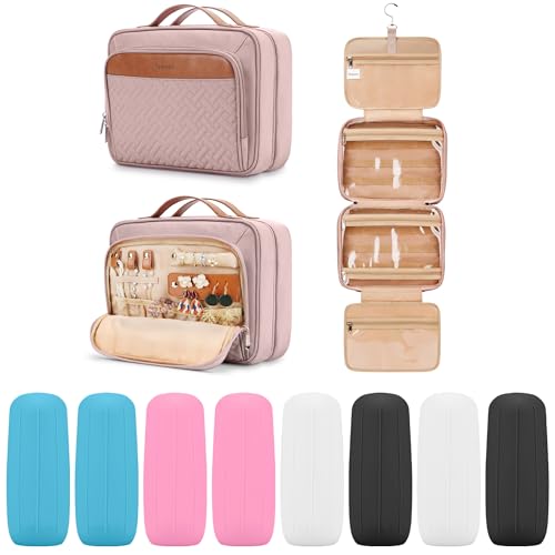 Travel Hanging Toiletry Bag for Women and Men, with 8 Leak Proofing Silicone Bottle Covers, Waterproof Makeup Accessories, Cosmetic Essentials, Cruise Ship Toiletries Bag with Jewelry Organizer, Pink - color: Baby Pink, size: Medium*1 + Leak Proofing Bott