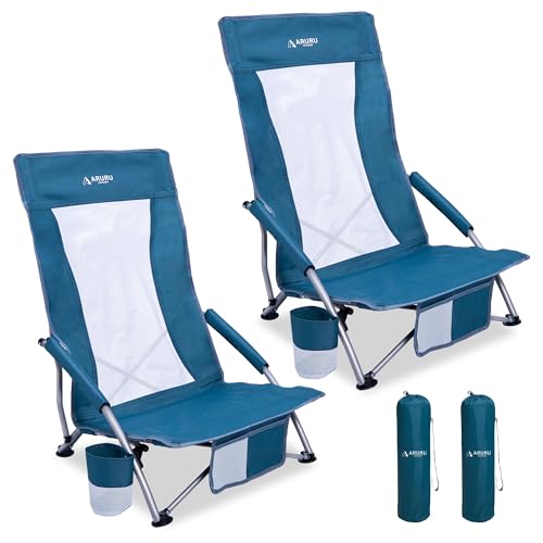Low Beach Chairs for Adults 2 Pack High Back,Folding Portable Sling Beach Camping Chair with Cup Holder,Lightweight Foldable Camp Lawn Chair for Outdoor Sand Concert Travel Sport Events - color: Navy Blue-2set, size: High Back