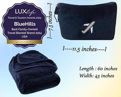 BlueHills Premium Soft Travel Blanket Pillow in Mini Soft Case Plush Airplane Blanket Compact Pack with Luggage Belt and Backpack Clip Long Flights Essentials Navy Blue M04 - color: Navy-m04