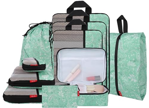 U+U 10 Set Compression Packing Cubes - Ultralight Travel Organizers with Laundry Bag and Cosmetic Bag, Space-Saving Suitcase Organizer for Travel, Business Trip and Family Vacation (Green Paisley) - color: Green Paisley, size: 10 Set