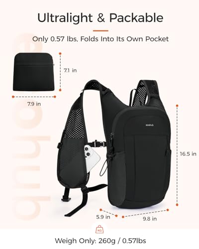ECOHUB 15L Lightweight Packable Hiking Backpack for Travel, Small Daypack with Chest Strap & Phone Pocket, Water Resistant Foldable Backpack for Men Women - color: Black