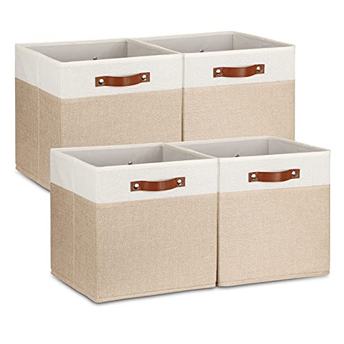 Temary Cube Storage Bins 13 Inch Fabric Storage Cubes Storage Baskets for Shelves Closet Baskets for Cube Storage with Leather Handles, Cloth Organizer Bins for Home - color: White&Khaki, size: 13×13×13