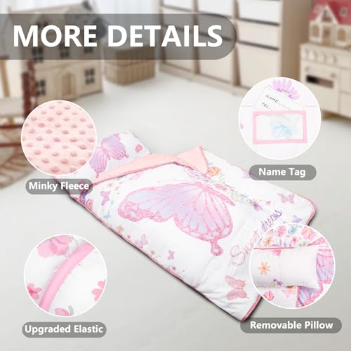 Primlect Thickened Toddler Nap Mat with Removable Pillow and Minky Blanket, Extra Large 55''x35'' Sleeping Bag, Washable, Roll up, Perfect for Daycare, Preschool, Kindergarten, Girls Butterfly - color: Pink Butterfly