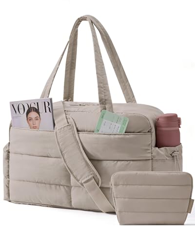 BAGSMART Gym Bag for Women, Lightweight Puffer Duffle Bag 2-PC Travel Bag, 31L Weekender Overnight Bag Quilted Carry On Tote Bag, Diaper Hospital Dance bag for Travel, Gym, Water Resistant, Camel - color: Camel