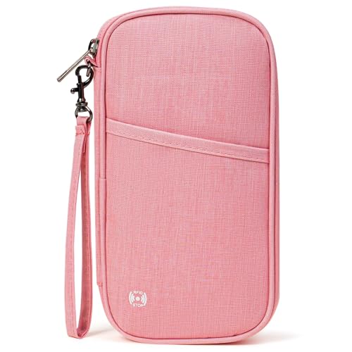 Travel Passport Wallet,RFID Blocking Waterproof Passport Holder Family Portable Travel Document Organizer for Men and Women - color: Light Pink