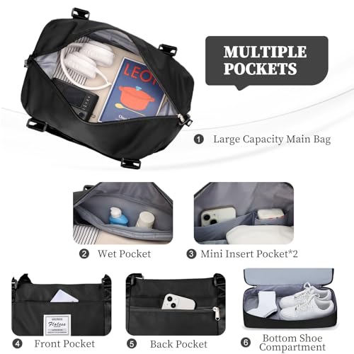 Weekender Bags for Women,Personal Item Travel Bag with Shoes Compartment,Overnight Travel Duffel Bag with Toiletry Bag,Medium - color: Black, size: Medium